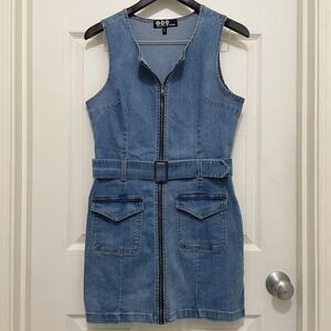 Peace Love Eco by Rewash Sleeveless Denim Mini Dress Zip Front Belted Blue Large